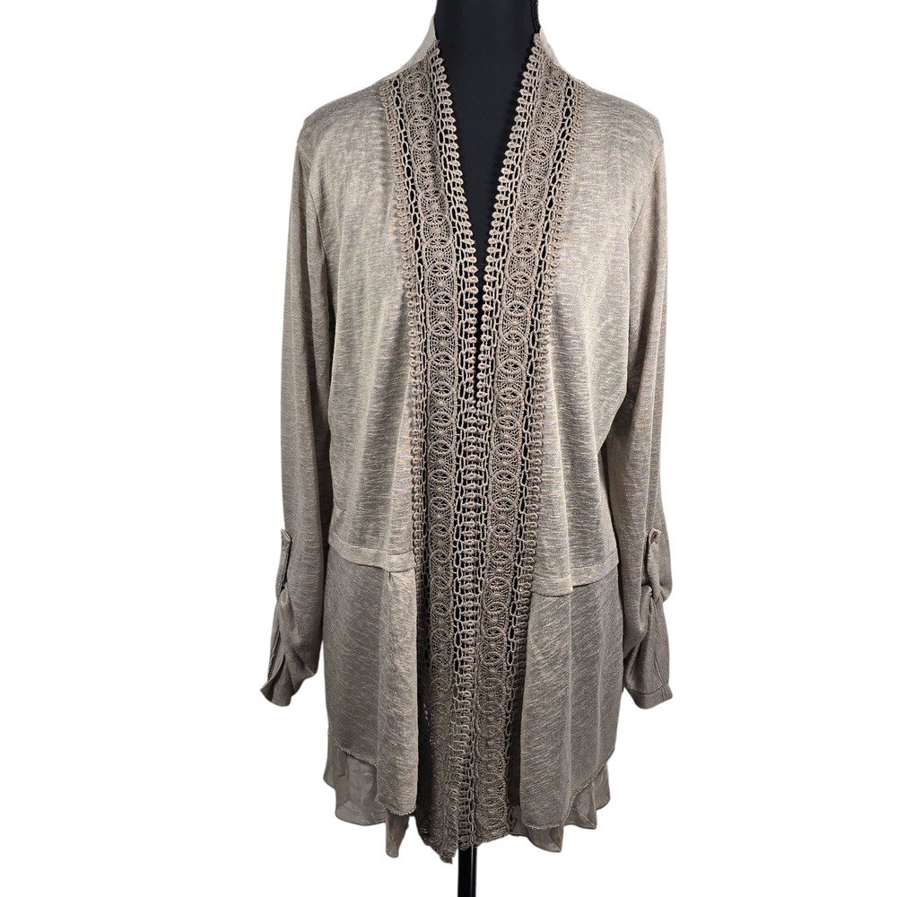 Bellambra Italy‎ Cardigan Women Large Taupe Crochet Trim Silk Blend Layered NWT